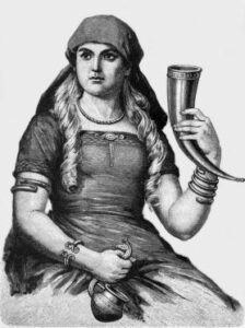 Un ritratto del 1893 della dea norrena Sif che tiene un corno potorio.