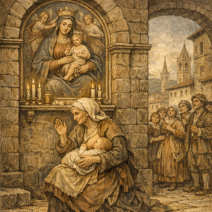 Donna anziana allatta miracolosamente un neonato davanti all’immagine della Madonna delle Grazie, in un contesto popolare toscano, illustrato in stile pittorico settecentesco.