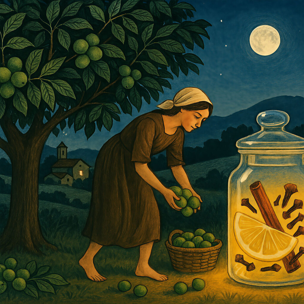 one che mostra un grande noce nella notte di San Giovanni, una figura scalza che raccoglie malli verdi, un vaso di vetro con spezie al sole e un paesaggio rurale dell’Appennino in stile poetico e folklorico.
