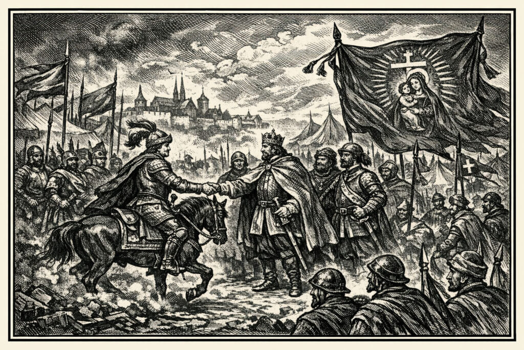 Illustrazione storica in bianco e nero: un re coronato stringe la mano a un cavaliere in armatura a cavallo, circondati da soldati con lance e stendardi; sullo sfondo tende militari e una città fortificata