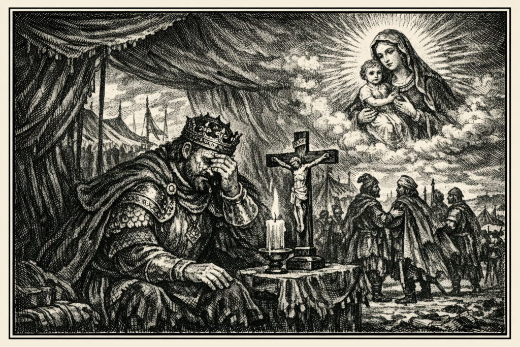 Illustrazione in bianco e nero: un sovrano coronato siede sotto una tenda in atteggiamento pensoso davanti a un piccolo altare con crocifisso e candele; sullo sfondo un accampamento militare e una visione luminosa della Madonna col Bambino nel cielo.