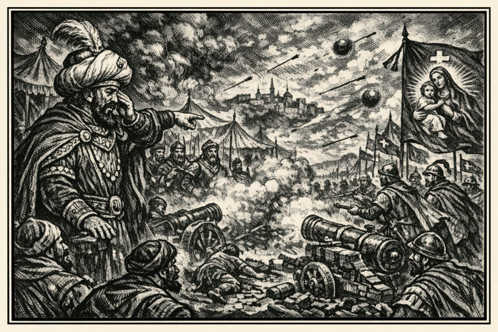 Illustrazione in bianco e nero: un comandante con turbante indica una città fortificata sotto assedio mentre soldati manovrano cannoni; sul lato destro uno stendardo con immagine sacra.
