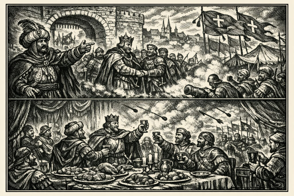 Illustrazione in bianco e nero divisa in due scene: in alto due leader, uno coronato e uno con turbante, si stringono la mano davanti a una città fortificata; in basso gli stessi personaggi brindano a un banchetto mentre sullo sfondo continua un conflitto.
