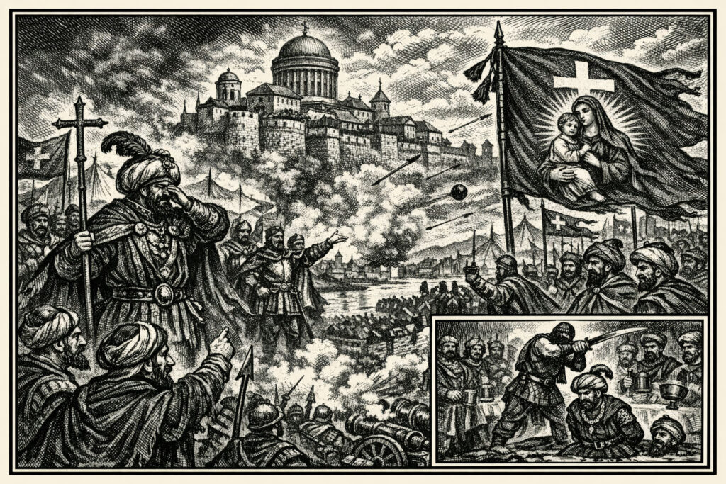 Illustrazione in bianco e nero: soldati con turbanti osservano o dirigono un assedio contro una città fortificata; a destra uno stendardo con figura sacra e, in un riquadro separato, una scena di decapitazione.